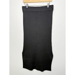 COMMENSE Ribbed Knit Midi Skirt Elastic Waist Slits XL‎ Black